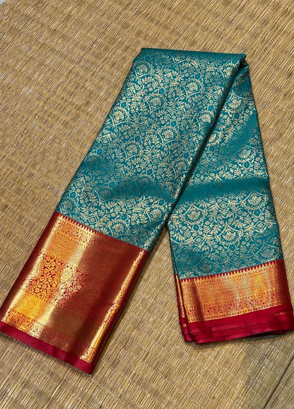 Traditional Teal &amp; Orange Semi-Dharmavaram Silk Saree