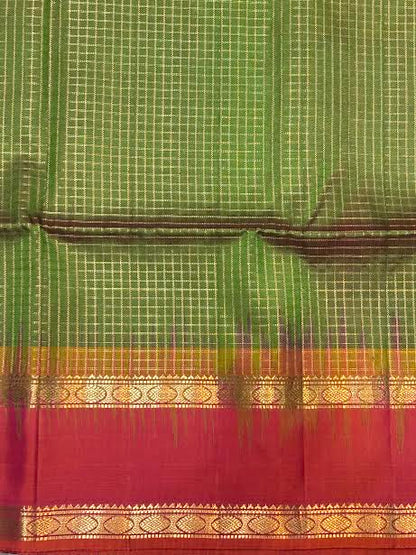 Pure Kanchipuram Silk Saree in Olive Green &amp; Crimson Red with Silk Mark Certification