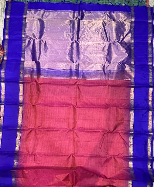 Magenta Red Kanchi Checks Silk Saree with Royal Blue &amp; Silver Zari Pallu