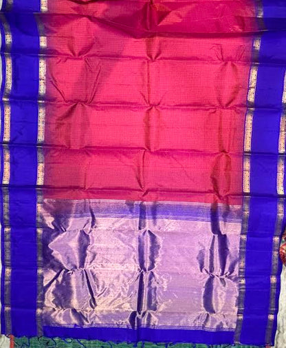 Magenta Red Kanchi Checks Silk Saree with Royal Blue &amp; Silver Zari Pallu