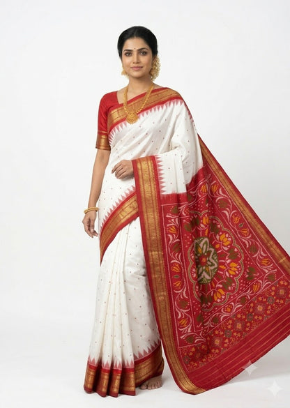 White Pochampally Ikkat Silk Saree with Red Zari Border and Floral Handwoven Ikkat Pallu