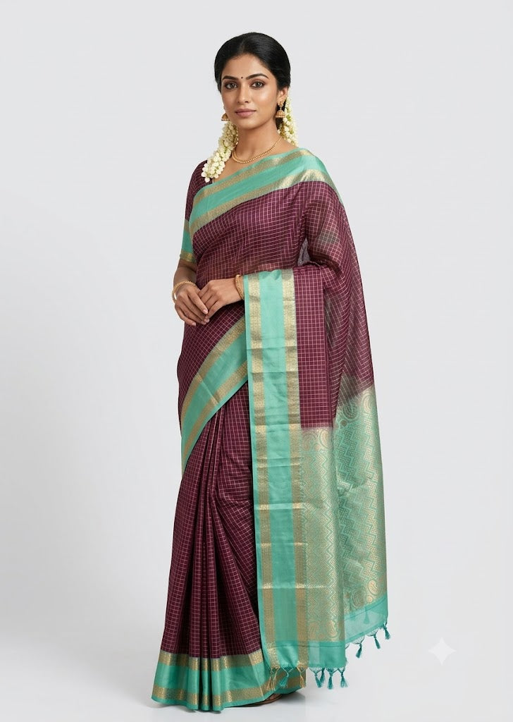 Traditional woman draped in wine plum Kanchi soft silk saree with contrast sea green zari border and pallu