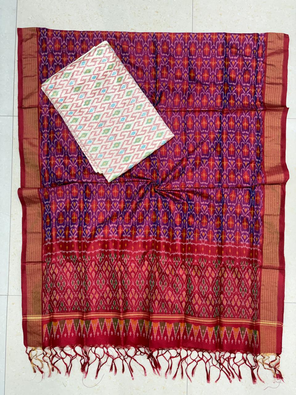 Handloom wine purple pure Pochampally Ikat silk saree with geometric weave pallu and contrast off-white blouse piece