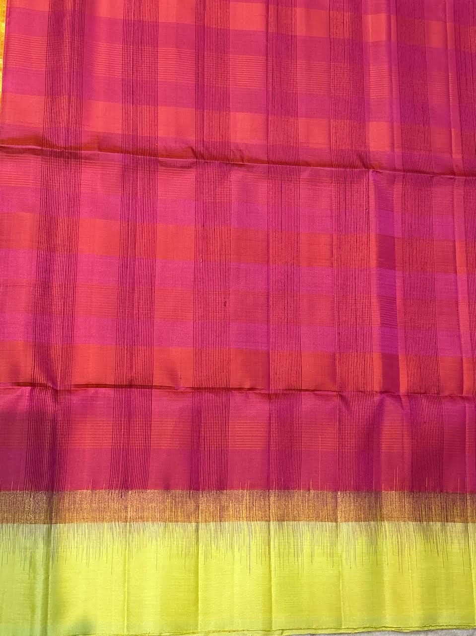 Pink &amp; Lime Green Checkered Handloom Silk Saree with Golden Zari Pallu