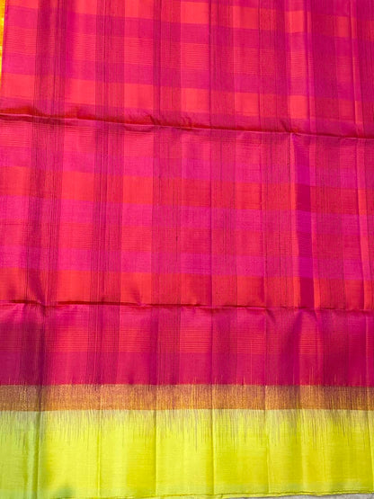 Pink &amp; Lime Green Checkered Handloom Silk Saree with Golden Zari Pallu