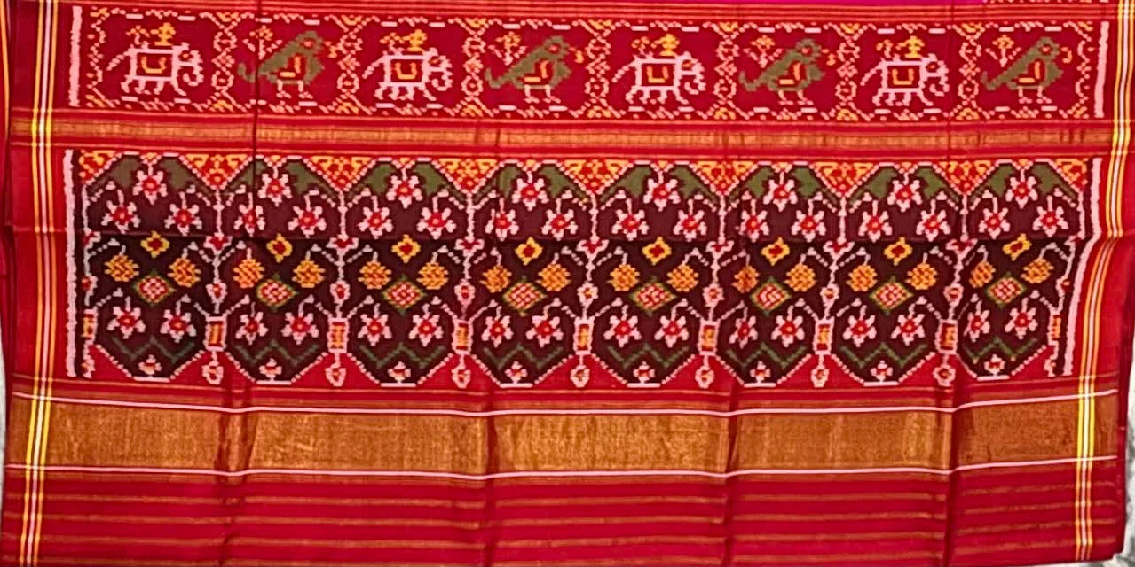 Vibrant Magenta Pure Real Patola Silk Saree with Red Elephant Motif Border