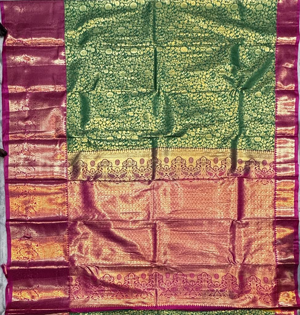 Green Semi Dharmavaram Silk Saree with Mejenta Pink Rich Zari Pallu &amp; Border