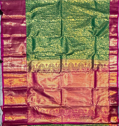 Green Semi Dharmavaram Silk Saree with Mejenta Pink Rich Zari Pallu &amp; Border