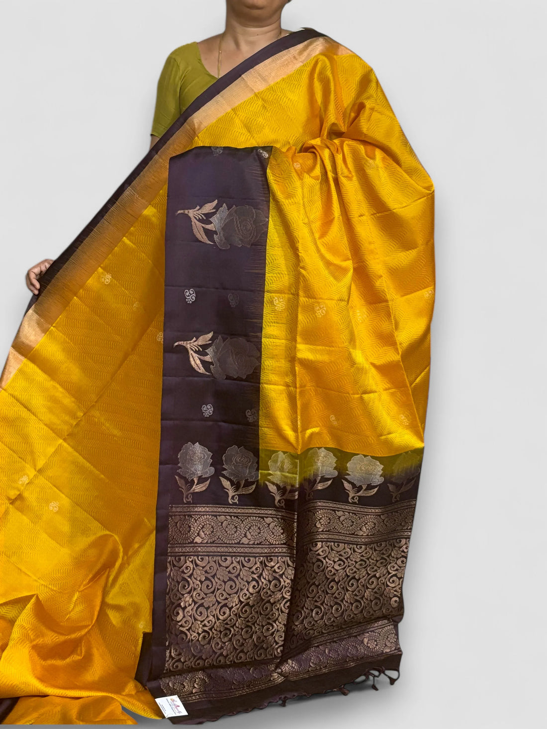 Yellow Chocolate Color Designer Kanchi Pure Soft Silk Saree - pochampallysarees.com