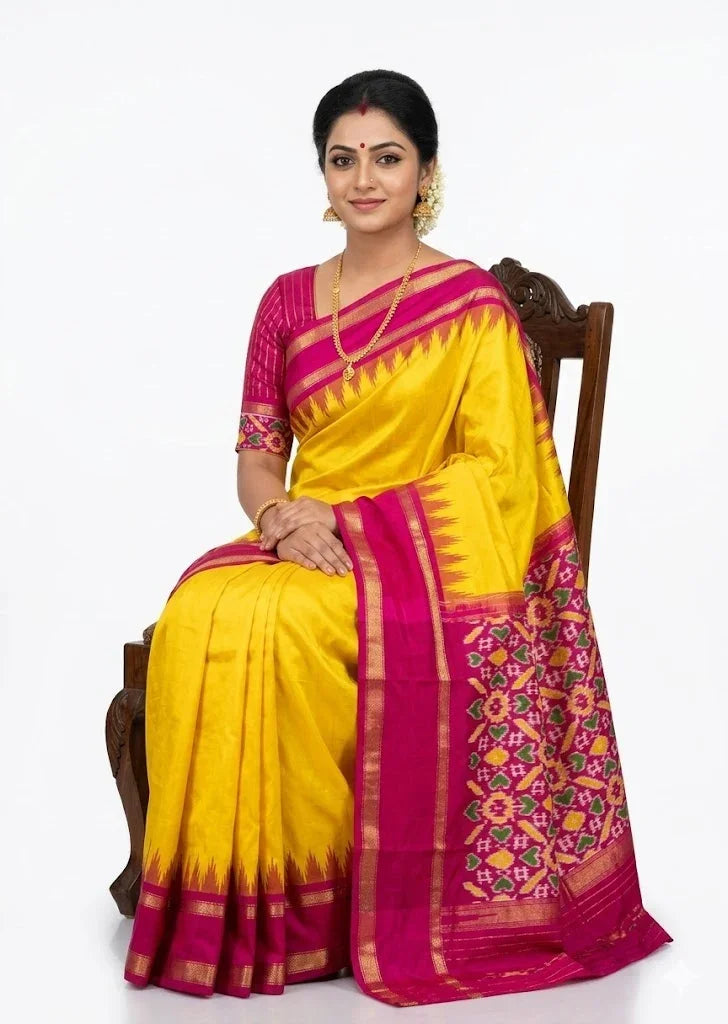 Beautiful traditional Indian woman sitting on a wooden chair wearing a vibrant yellow Pochampally Ikat silk saree featuring a contrast deep pink temple border and geometric patterned pallu, set against a white background.