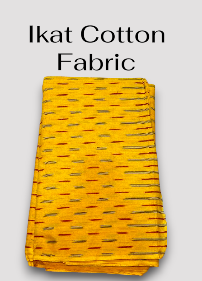 Folded mustard yellow Pochampally ikat cotton fabric with woven dashed motifs