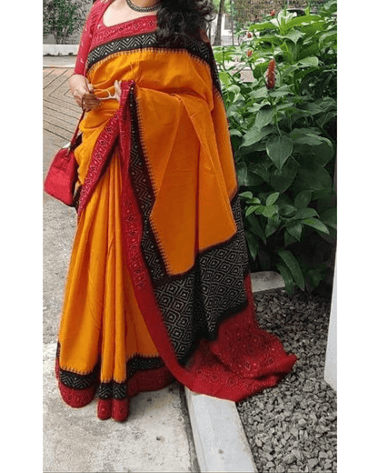 YELLOW, RED AND BLACK COLOR IKAT COTTON SAREE - pochampallysarees.com