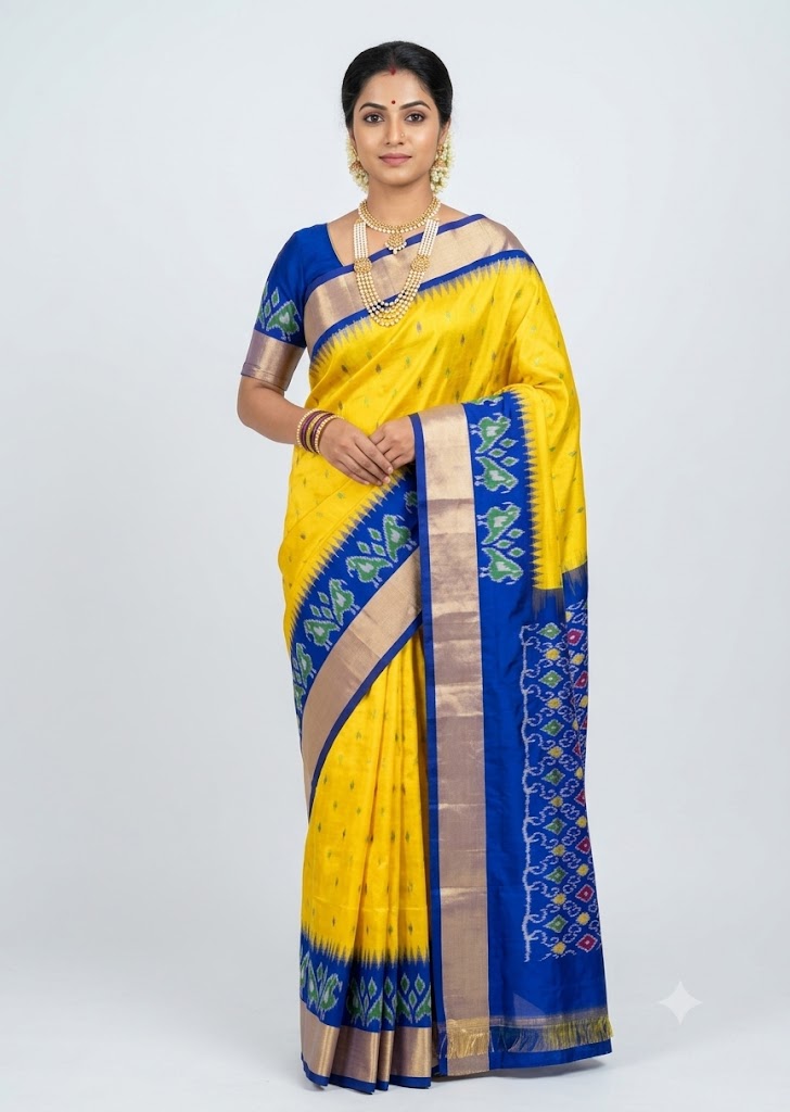 Woman draped in a traditional yellow handloom Pochampally Ikkat silk saree with a royal blue and gold zari border and matching blouse.
