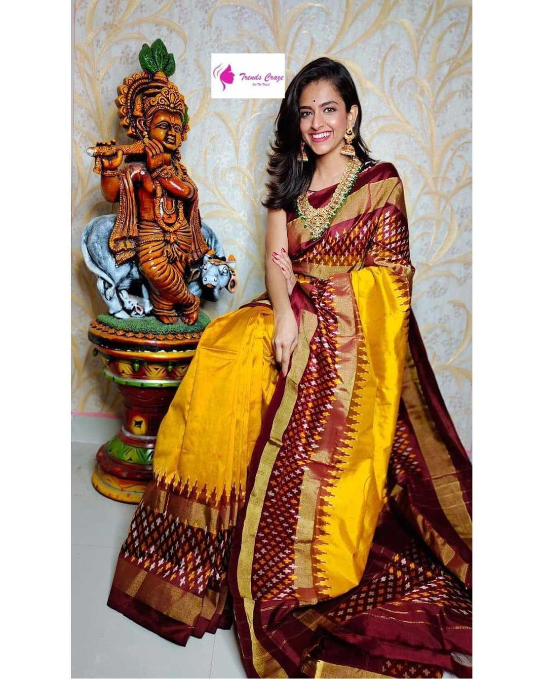 YELLOW WITH CHOCOLATE COLOR IKKAT SILK SAREE - pochampallysarees.com
