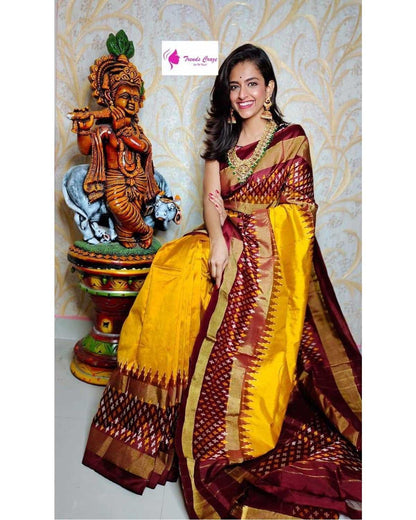 YELLOW WITH MAROON COLOR IKKAT SILK SAREE - pochampallysarees.com