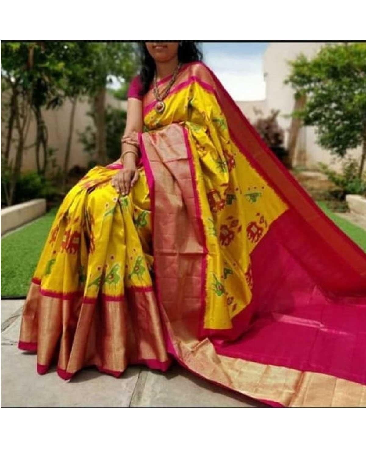 YELLOW WITH PINK BORDER POCHAMPALLY IKKAT SILK SAREE - pochampallysarees.com