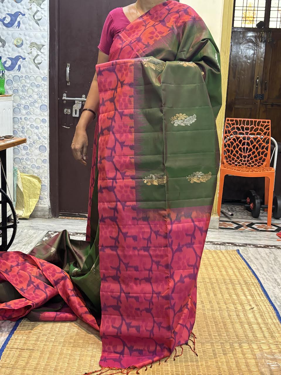 Kanchi Soft Silk Saree in Olive Green with Floral Jamdani Weave Border &amp; Golden Mango Buttas