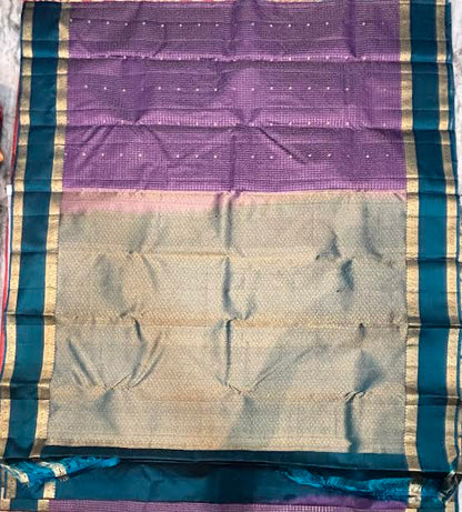 Traditional Handloom Purple Kanchi Silk Saree with Blue Zari Border