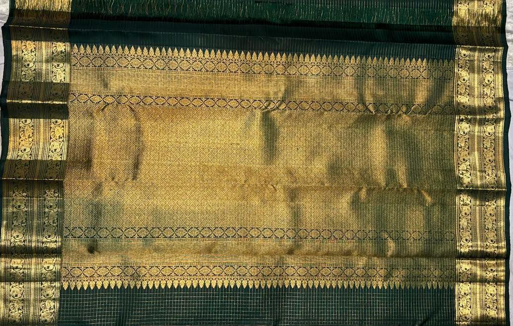 Dark Green Checkered Pure Kanchipuram Pattu Saree with Price Rich Gold Zari | Bridal Silk - pochampallysarees.com
