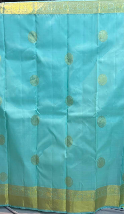 Light Blue Pure Kanchipuram Pattu Saree with Gold Zari | Authentic Kanchi Sarees - pochampallysarees.com