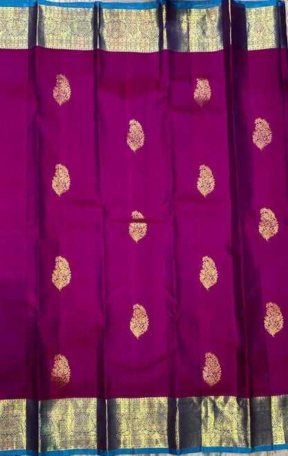 Authentic Pure Kanchipuram Pattu Saree | Purple &amp; Blue - pochampallysarees.com