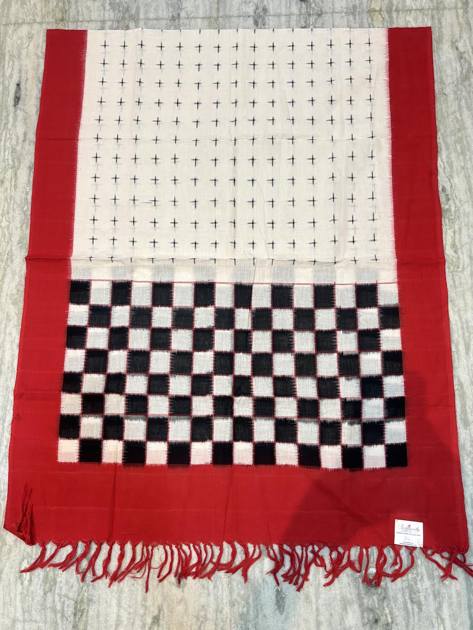 Handloom &amp; Traditional: Handcrafted Crimson Red Double Ikat Cotton Suit Set with Off-White Checker Dupatta d4