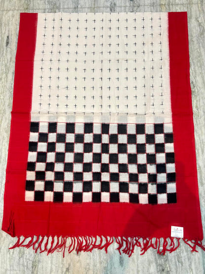 Handloom &amp; Traditional: Handcrafted Crimson Red Double Ikat Cotton Suit Set with Off-White Checker Dupatta d4